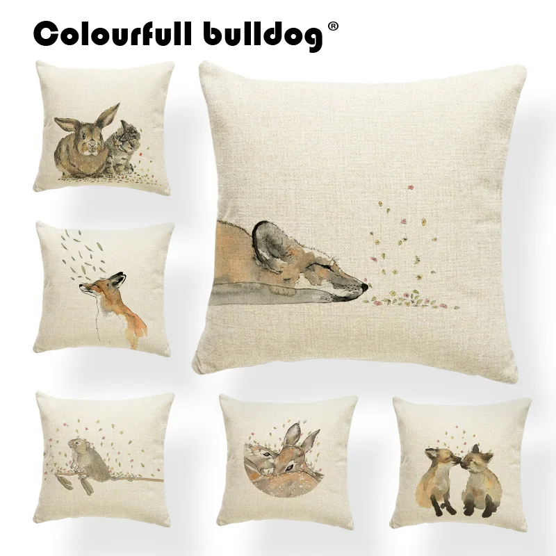 

Animal Watercolor Cushion Fox Pillow Cases Nordic Style Anime Lounger Chair Throw Pillows Flower 45X45cm Nap Mat Custom Printed
