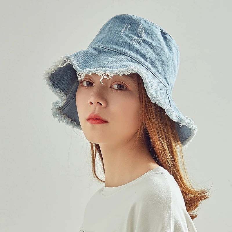 Women Denim Cotton Bucket Hat For Lady Summer Autumn Folding Flat Sun