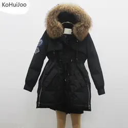Kohuijoo зимняя куртка Для женщин Пальто для будущих мам с капюшоном реального большой енота меховой воротник женский парка зеленый хлопковой
