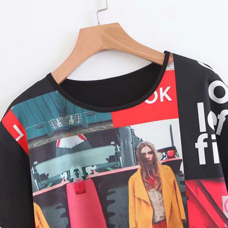 

Women's Tops Summer TShirt Women's Portrait Digital Print Short Tops Women's T-Shirt Sexy Navel Black T-Shirt 2019