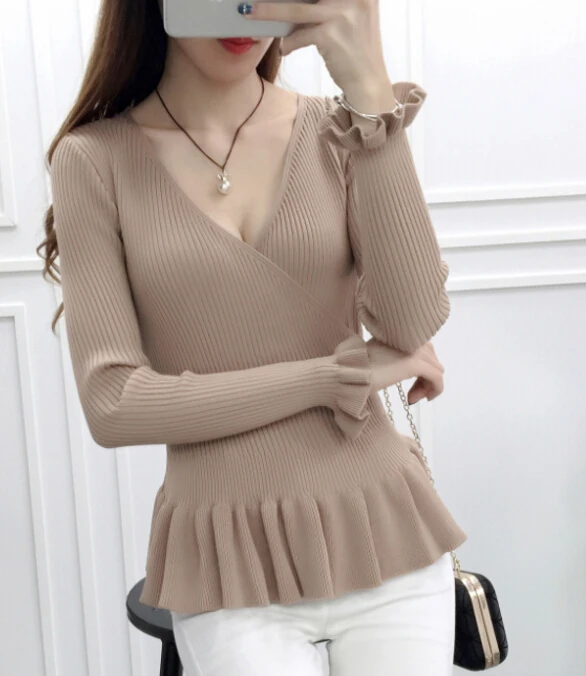 

Free Shipping Autumn Winter New Arrival High Quality Candy Color V Collar Collect Waist Petal Sleeve Woman Sweater
