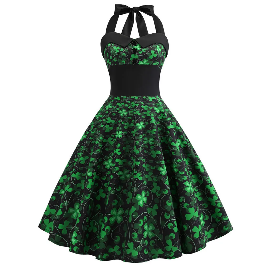 

Vintage Pleated Sleeveless Dress Women Summer Natural Halter Print Dress Green Feminine Spring Outing Clothes
