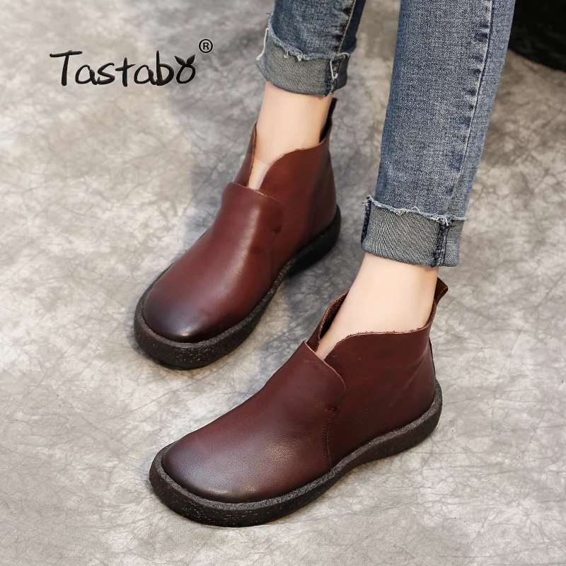 En Ligne Tastabo Main Cheville Bottes Slip on Rétro Bottes Chaussures Femmes Mode Doux Véritable En Cuir Martin Bottes pour Femmes