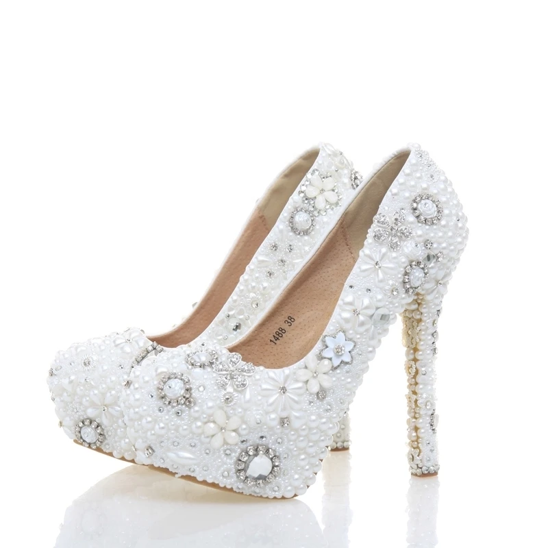 

White Color Lady High Heels Beautiful Wedding Party Bride Shoes White Pearl with Rhinestone Party Prom Shoes Plus Size 11