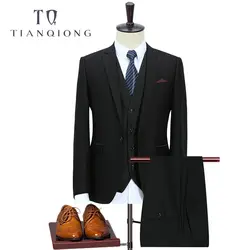 Тянь QIONG сплошной черный костюм Для мужчин Slim Fit досуг костюм Homme Mariage Terno Masculino Бизнес вечернее свадебное платье костюмы