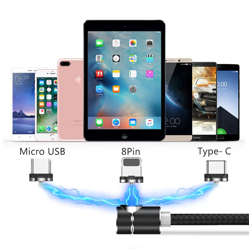 Магнитный кабель 90 градусов Micro Usb type C для iphone X XS зарядный провод Kabel для Xiaomi samsung A50 A80 S10 шнур зарядного устройства 1 м 2 м