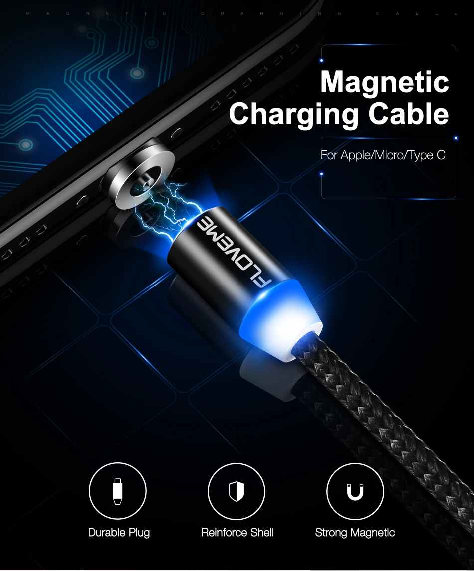 FLOVEME 360 градусов 3 в 1 Магнитный кабель для iPhone X 8 освещение Micro usb type-C светодиодный нейлоновый плетеный провод Магнитный кабель для зарядного устройства C