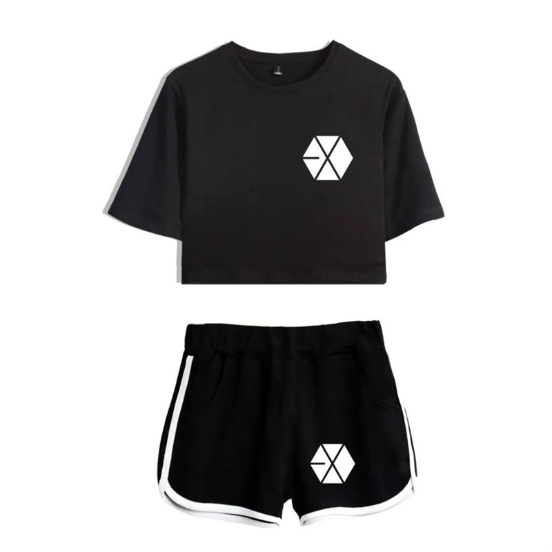 EXO Kpop Bangtan Boys Crop Top Women T shirt Summer Shorts And T-shirt Women Fashion Clothes (1)