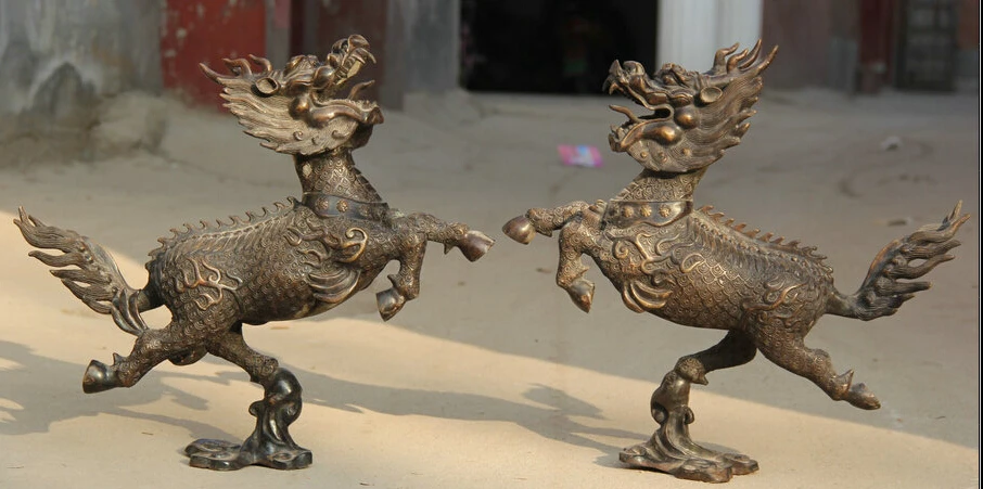 

JP S0524 19" Chinese Bronze Folk exorcise Beast Kylin Chi-lin Qilin sculpture Statue Pair