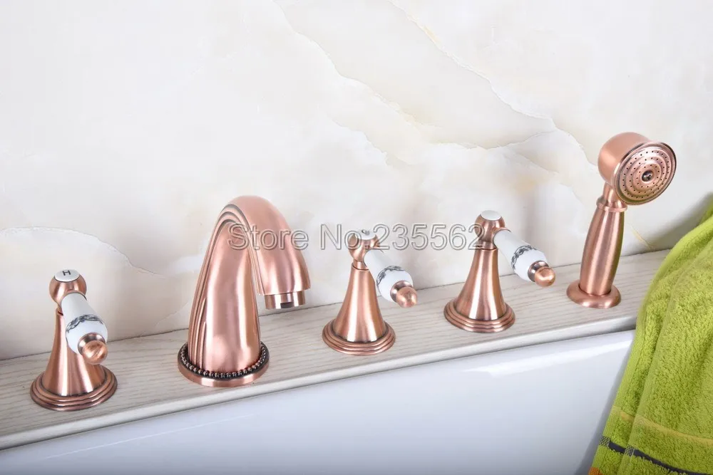 

Antique Red Copper Deck 5 Holes Bathtub Mixer Faucet Handheld Shower Widespread Bathroom Faucet Set Water Tap ltf194