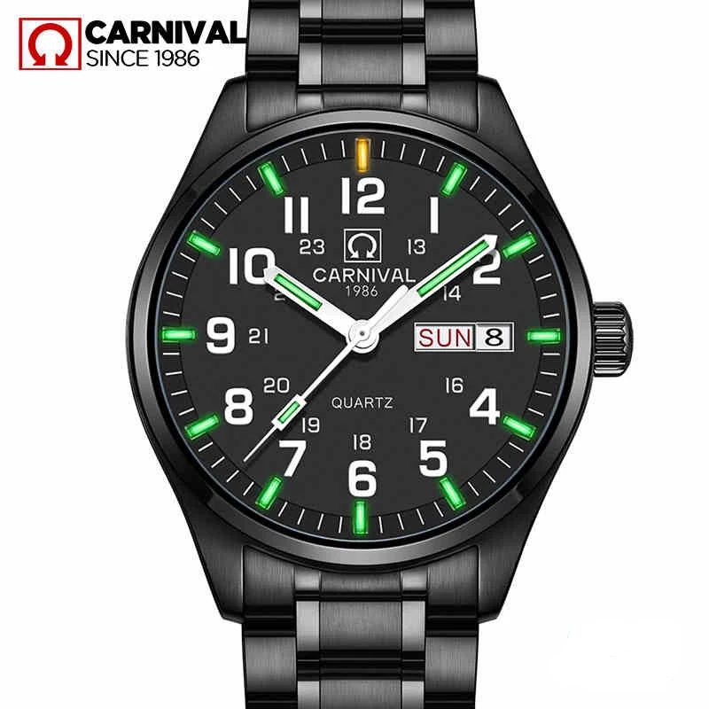 

Carnival Tritium T25 Luminous Quartz Men's Watch Double Calendar Date Waterproof Military Waterproof Black Stainless Steel