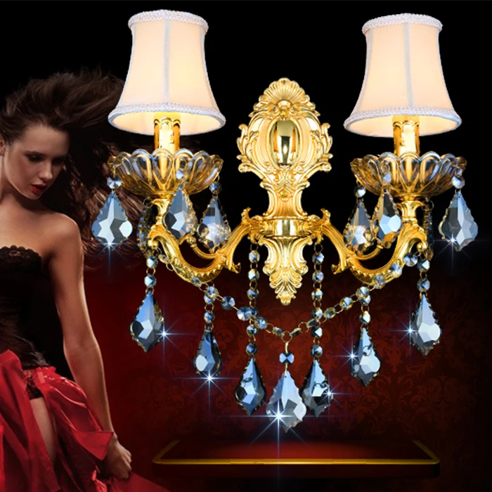 

Wall lamp fashion bedroom bedside lamp background wall gold crystal wall lamp double head with lampshade