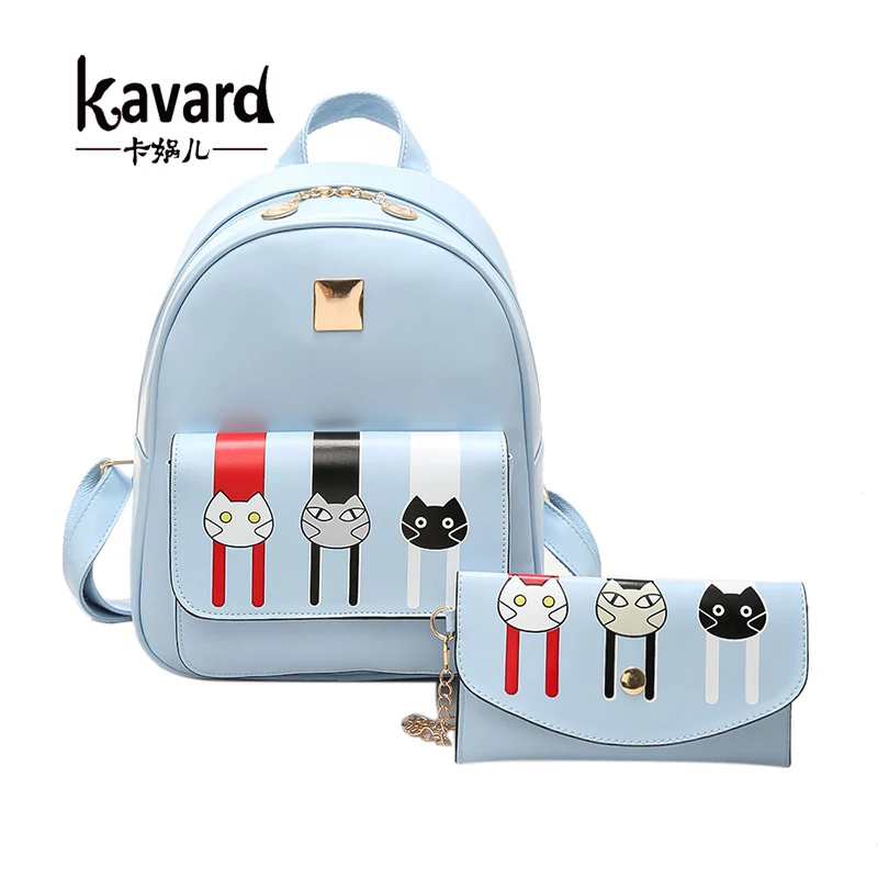 

Women Backpack Small School Bags For Teenage Girls Black PU Leather Female Backpack Cute Cat Shoulder Bag Purse 2Pcs/Set Bagpack