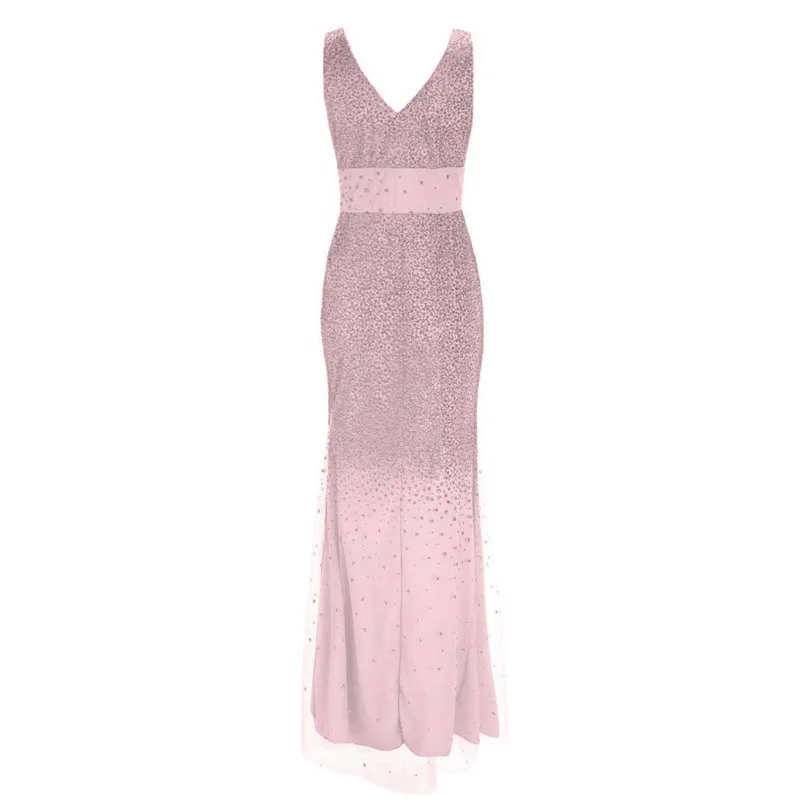 Seqiuned Dress Party Women V Neck Summer Dress Sleeveless Dress Long Party Solid Dresses Big Size Vestidos De Festa 40MAY1711