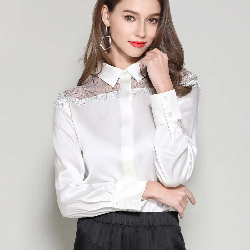 Bogeda, женская шелковая блуза, повседневная,, высокое качество, 100 шелк, блузка для женщин, элегантная, кружевная, сексуальная, офисная, женская рубашка, черная, белая, серая - Цвет: White