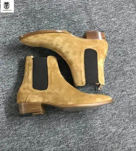 Brand High Quality Handmade Slip On Cow Suede Men Chelsea Boots New Leisure Luxury Wedge Boots Shoes Mens