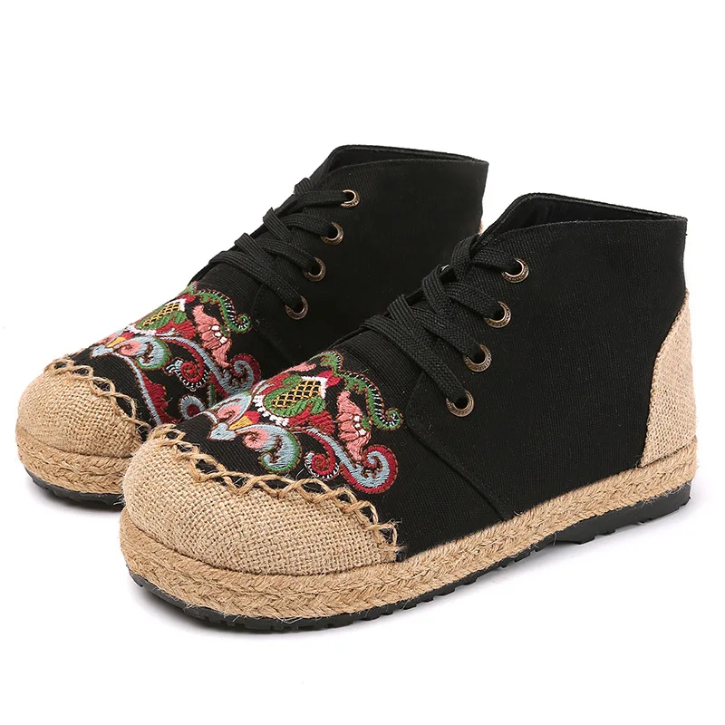 

Autumn and winter embroidered shoes retro ethnic style women's single shoes cotton and linen flat casual lace-up linen shoes
