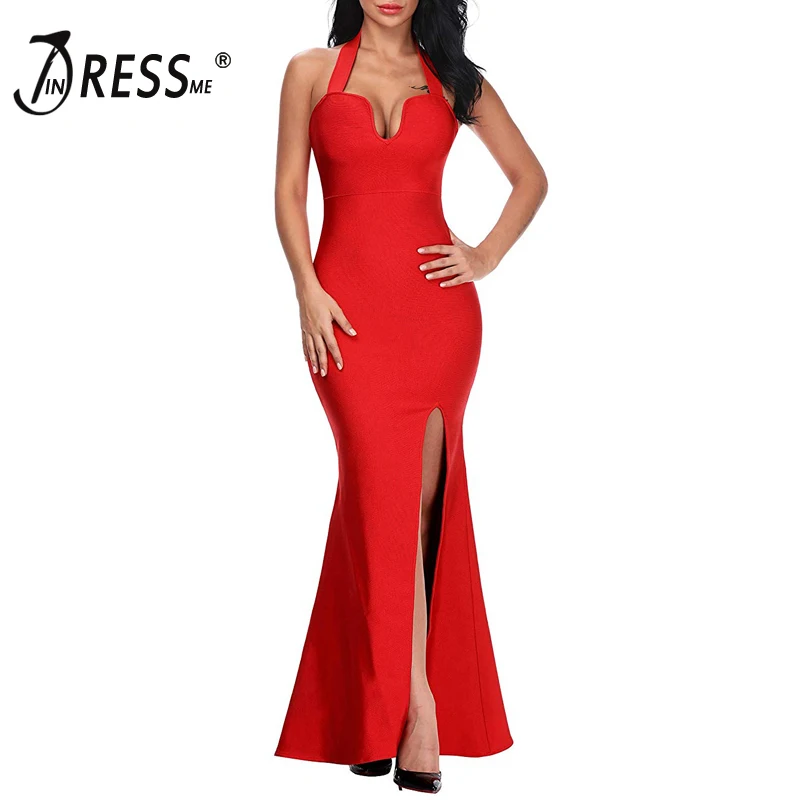 

INDRESSME Elegant Halter Women Bandage Dress Long Sexy Deep V Backless Floor Length Mermaid Party Dress 2019 New Arrival