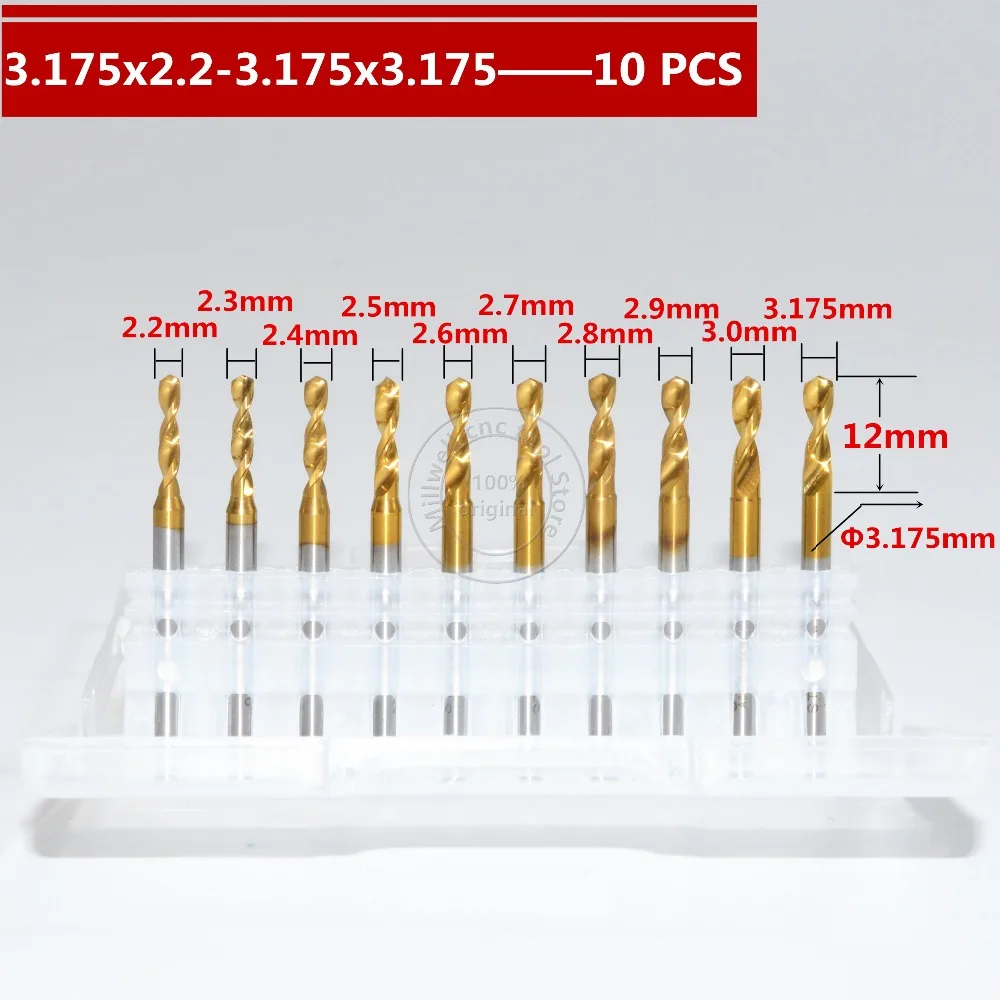 

2.2mm-3.175mm,10pcs/box,Freeshipping CNC Drill Bit,Micro PCB Board drill,TiN coated drill bit,tungsten drill,Smooth chip removal