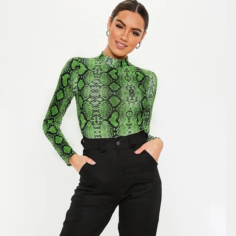 

Women Summer Sexy snake Print Skinny Perspective Bodysuit Jumpsuit long sleeve high neck bodycon one piece romper