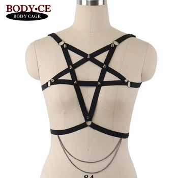 

Spike Pentagram Bondage Harness Lingerie Black Elastic Adjust Strappy Tops body Cage Bra Exotic Apparel Dance Party Fetish bras