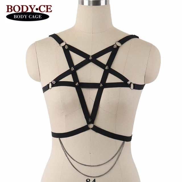 Spike Pentagram Bondage Harness Lingerie Black Elastic Adjust Strappy Tops Body Cage Bra Exotic