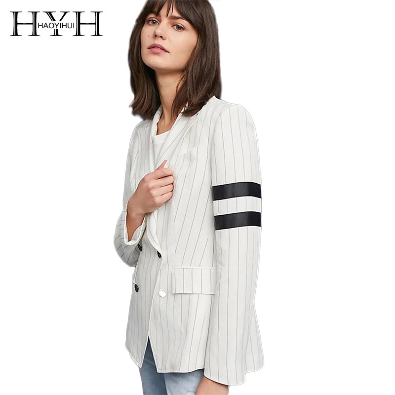 HYH HAOYIHUI Striped Double Breasted Notched High Low Coat Casual Long Sleeve Pocket Side Split Brief Gored Autumn Blazer | Женская