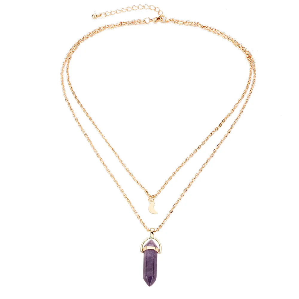 

Natural Stone Bullet Pendant Necklaces Gold Color Moon Statement Charm Double Clavicle Link Chain Women Jewelry Chokers