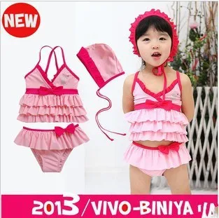 EMS DHL Free Shipping Kid Stylish Baby Girls Pink Ruffles Tiers Swimsuit bathsuit Swimhat beachwear 3-8 Years |