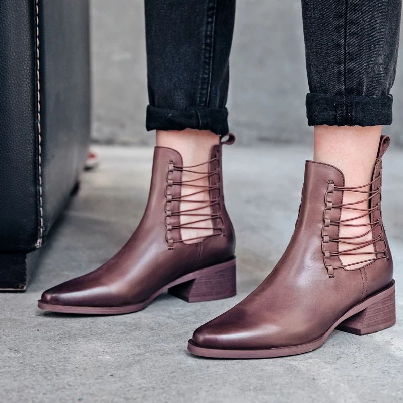 

Genuine Leather Ankle Boots for Women Pointed toe Spring Summer Cowboy Boots Med Heels Punk Style Platform Shoes Botines Mujer