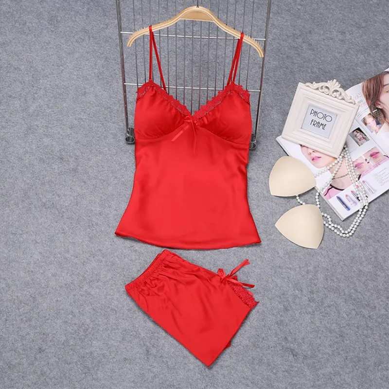 Satin Sexy Pajamas Sleeveless Summer Pajamas Women Plus Size Pajama Set with Chest Pad V Neck Silk Pajama Women Sleepwear Set 49 (5)