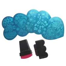 5 шт. гвоздь в форме сердца пластины+ 1 Stamper+ 1 скребок для ногтей штамповка шаблон изображения пластины с узорами для ногтей инструменты для дизайна ногтей