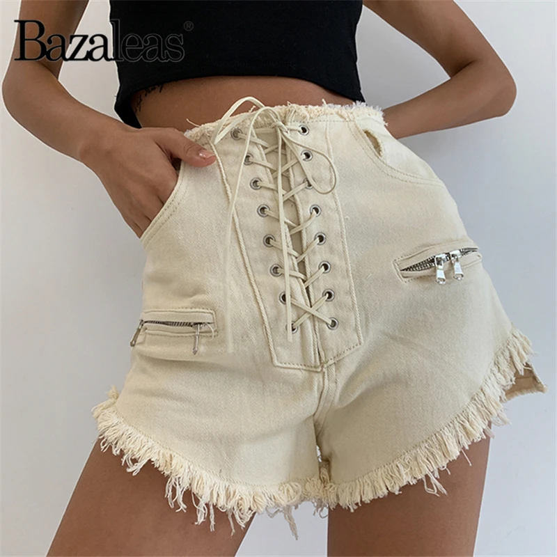 

Bazaleas Sexy Center Bandage hot shorts Double Zipper Pocket short Tassel women short Streetwear women bottoms Drop shipping
