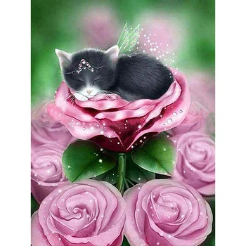 

GLymg Full Drill 5d Diamond Painting Rose And Cat Gift Diy Diamond Embroidery Craft Painting Kits Diamond Wall Arts Decor