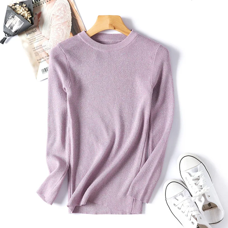 Danjeaner, осенне-зимний свитер, Женский Блестящий пуловер с длинным рукавом, базовые свитера, супер эластичные, корейский стиль, трикотаж, джемперы, топы - Цвет: purple