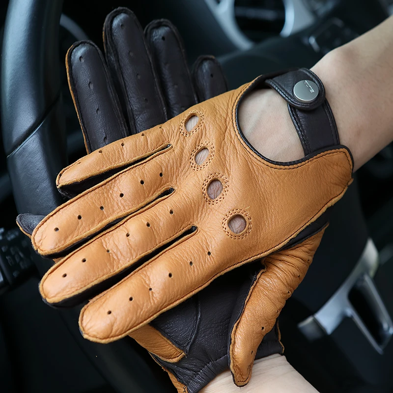 

High Quality Deerskin Gloves Male New Real Leather Gloves Man Locomotive Driving Gloves Non-Slip Breathable Mittens M065W-2