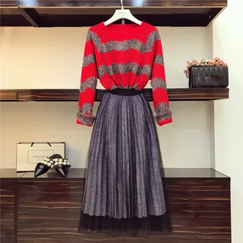 

High Street Sweater and Skirt 2 Piece Set Women 2018 Fall New Batwing Sleeve Bright silk Striped Knit tops and Mesh Skirt Suit