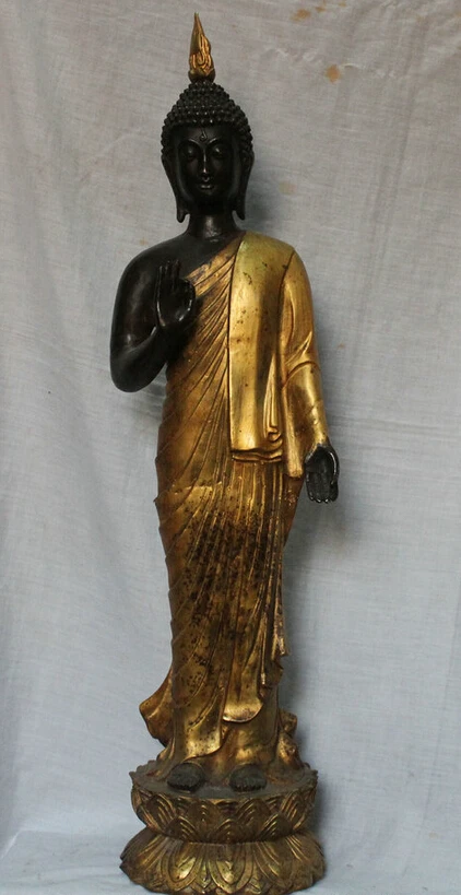 

150610 S1393 28" Chinese Buddhism Bronze Gilt Stand Thailand Ayutthaya Maitreya Buddha Statue