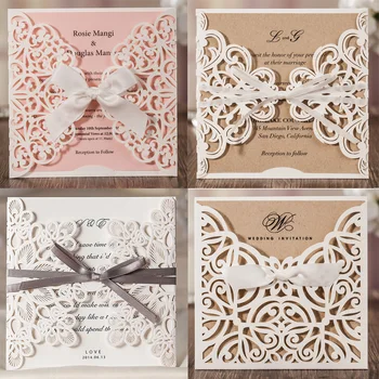 

1pcs Laser Cut Lace Flora Wedding Invitation Cards with Ribbon Bow and Envelopes for Bridal Shower Engagement Birthday invites