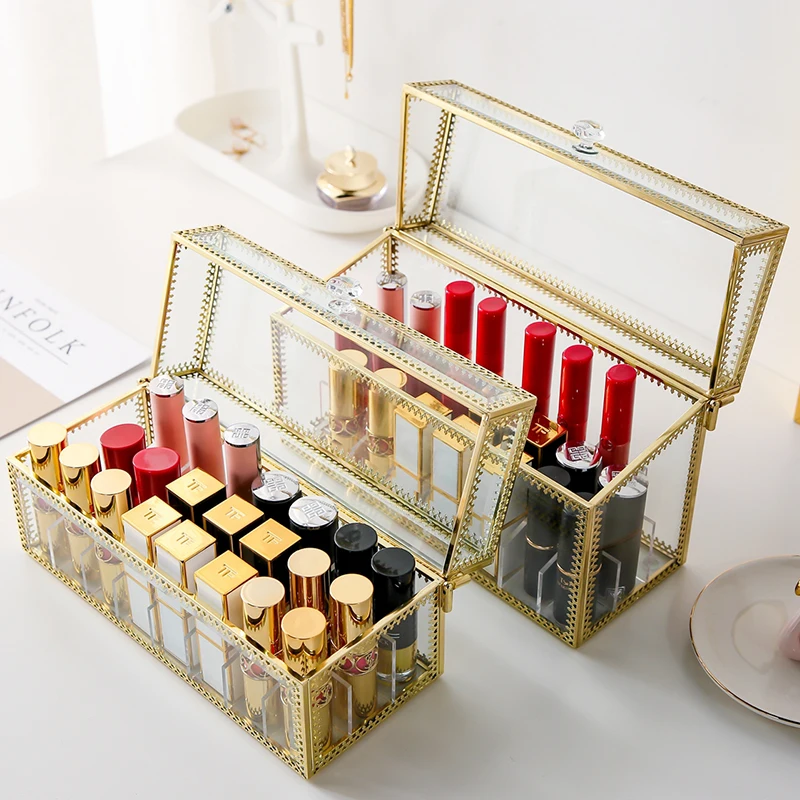 M 24 Grids Gold Edge Glass Lipstick Storage Holders Copper Lipstick
