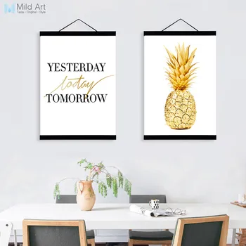 

Nordic Gold Pineapple Life Quote Wooden Framed Poster Minimalist Fruit Scroll Wall Art Canvas Painting Picture Prints Home Decor