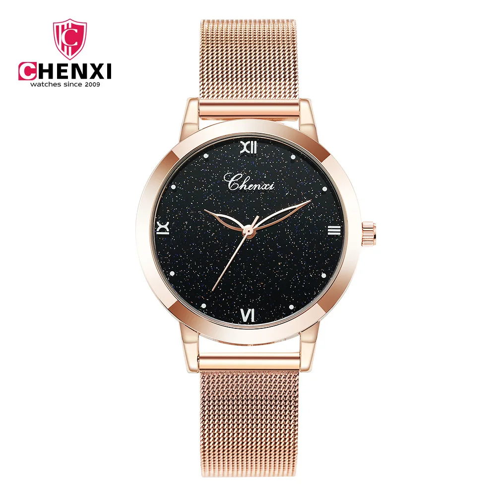 

2018 CHENXI Luxury Women Quartz Watches Fashion Creative Romantic Starry Sky black dial Rose Gold mesh band Bracelet Lady Watch