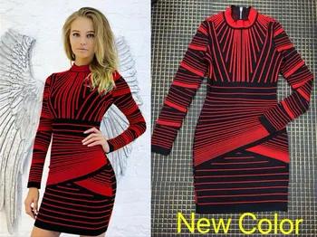 

High Quality Red Green Long Sleeve Geometric Rayon Bandage Dress Cocktail Party Bodycon Dress