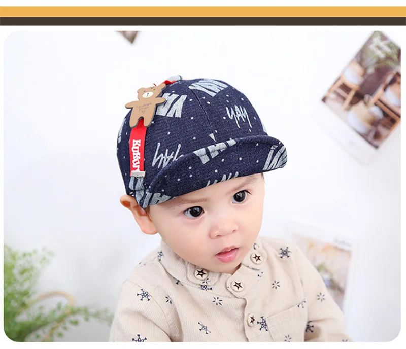 Fashion Denim Baby Caps Letter Cowboy Boys Caps Retro Print Toddler Hat With Bear Spring Summer Soft Baby Hat Baby Boys Clothing (1)