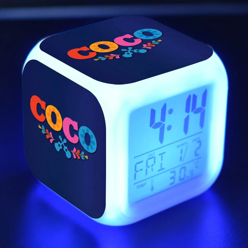 

Cartoon Movie COCO Pixar 7 Colors Change LED Digital Alarm Clock Night Colorful Toy with Date Tempeture action figure toys