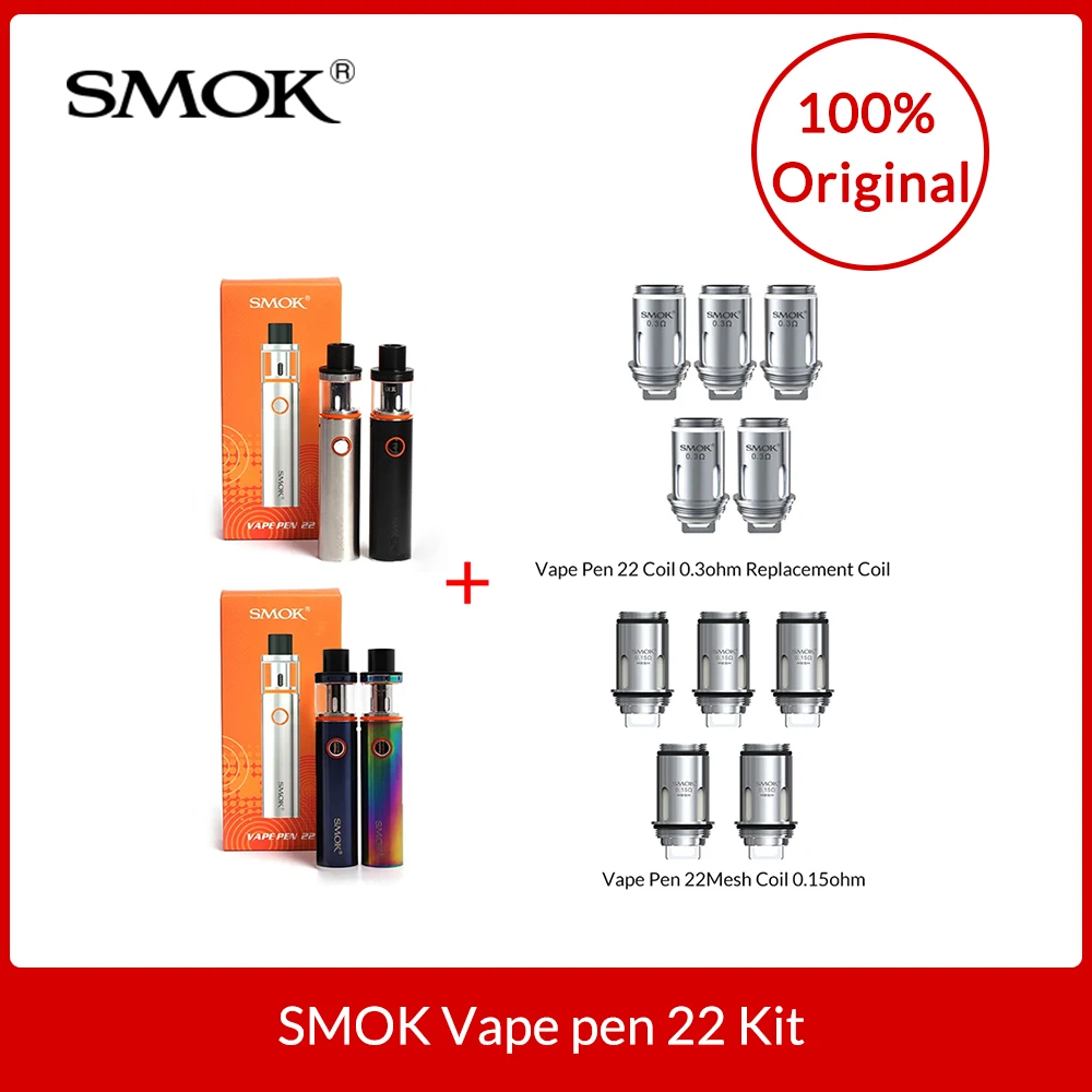 Original SMOK Vape pen 22 Kit with Built-in 1650mah Battery + 0.15/0.3ohm Dual Coils Atomizer Head For Electronic Cigarette Vape