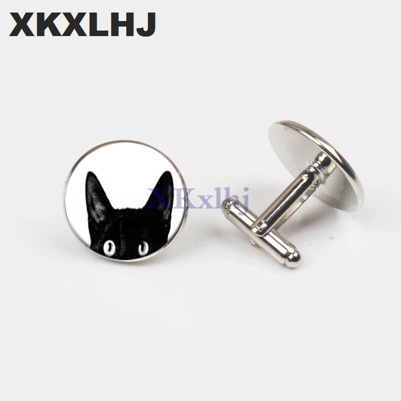 

XKXLHJ New Fashion Mens Animal Cuff Links Black Cat Cufflinks Peeping Tom Halloween Silver Cuff Link Round Glass Cufflinks