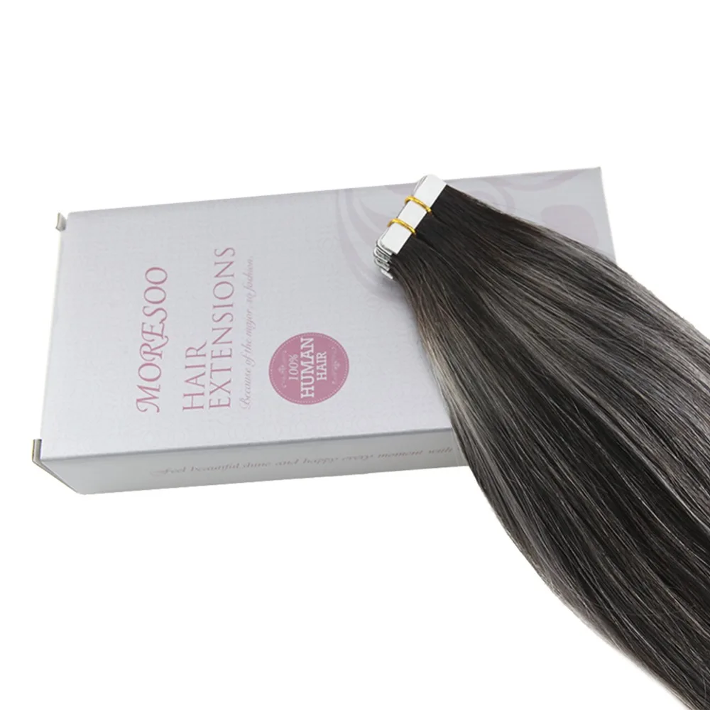 Moresoo Tape in Remy Human Hair Extensions Seamless Skin Weft Adhesive Hair Glue on Extensions Natural Black Fading to Silver