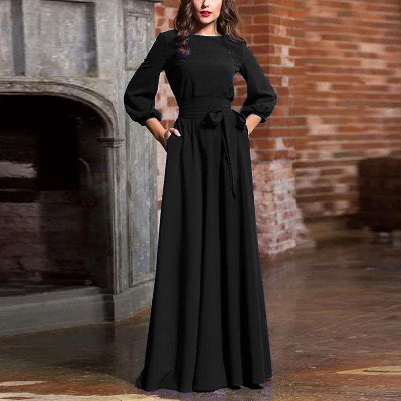 Макси-платье с рукавами-фонариками женские элегантные вечерние платья с круглым вырезом большого размера плюс с бантом - Цвет: Black