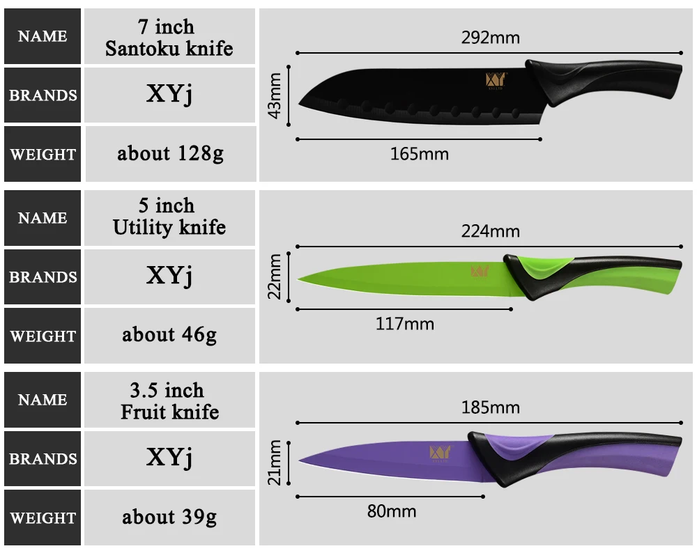 XYj 6 шт. набор кухонных ножей из нержавеющей стали 8 ''шеф-повара 8'' нарезки 8 ''хлеба 7'' сантоку 5 ''утилита 3,5'' ножи для приготовления овощей